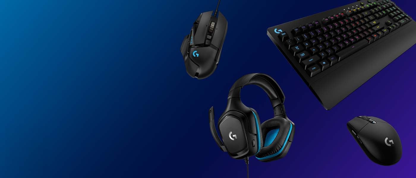 Logitech G gaming-tillbehör mot blå bakgrund – två gamingmöss, ett mekaniskt tangentbord med RGB och ett gaming-headset.