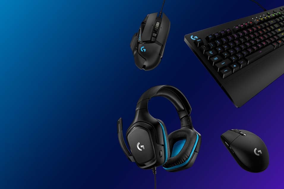 Logitech G gaming-tillbehör mot blå bakgrund – två gamingmöss, ett mekaniskt tangentbord med RGB och ett gaming-headset.