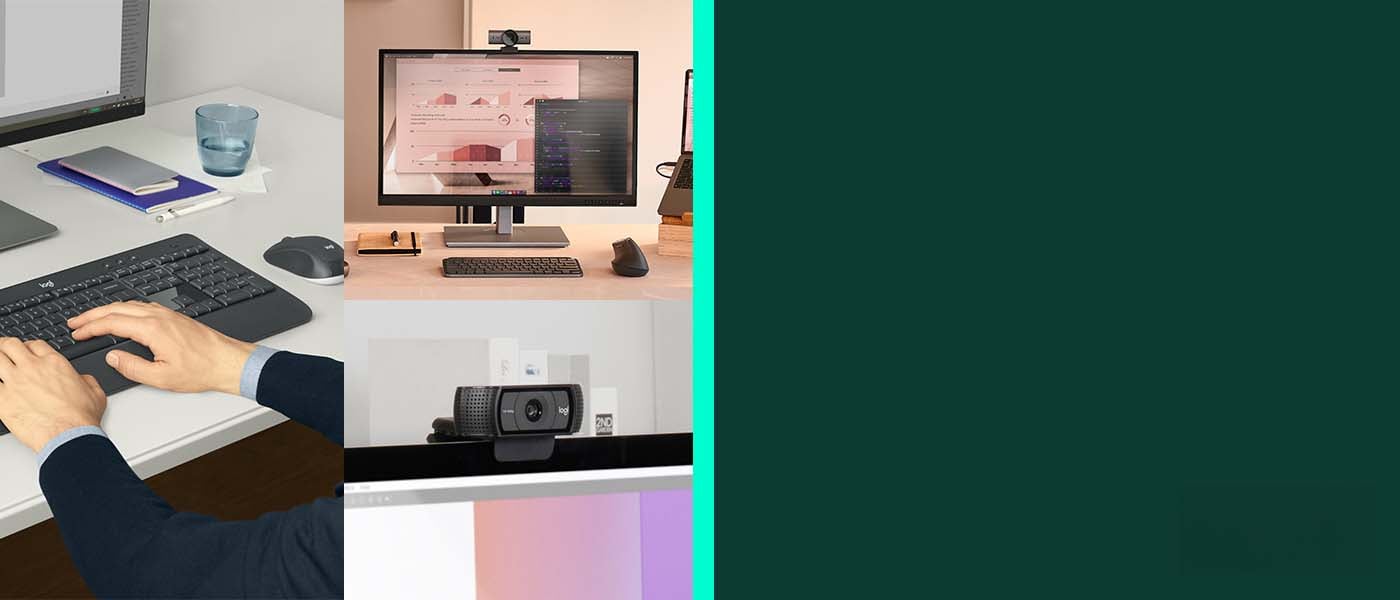 Logitech kontorsprodukter – trådlöst tangentbord med mus, webbkamera monterat på skärm och mus vid datorskärm.