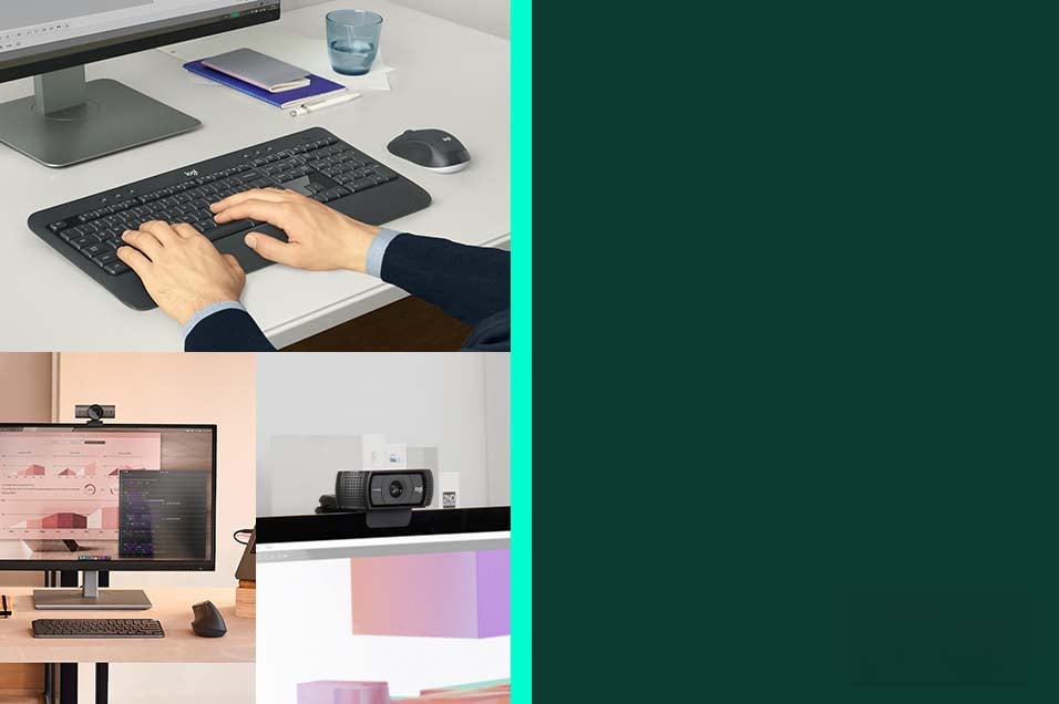 Logitech kontorsprodukter – trådlöst tangentbord med mus, webbkamera monterat på skärm och mus vid datorskärm.