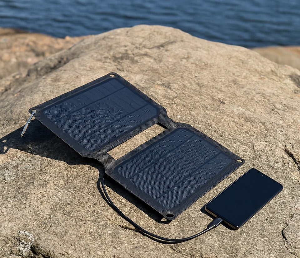 Solcellsladdare på en klippa i skärgården