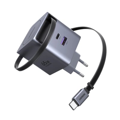 Ugreen Nexode 65 W GaN-snabbladdare med utdragbar USB-C-kabel
