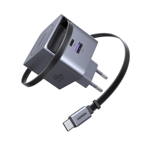 Ugreen Nexode 45 W GaN-snabbladdare med utdragbar USB-C-kabel 45 W