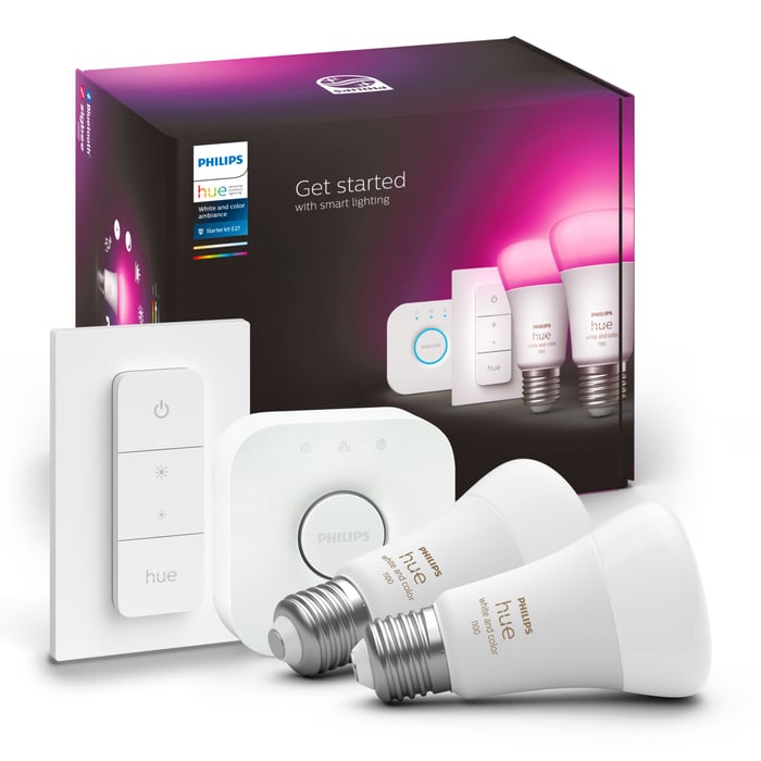 Philips Hue Startpakke: 2x White & Color E27 + Dimmer + Bridge