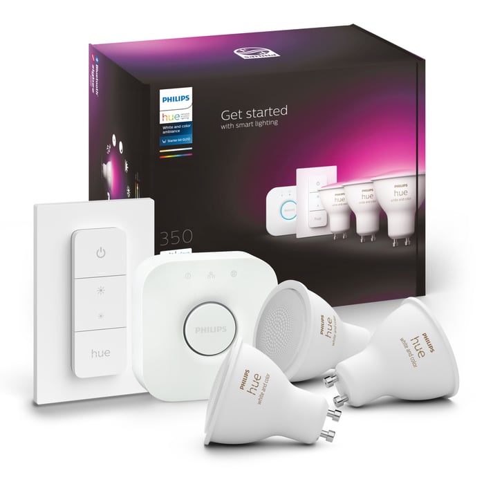 Philips Hue Startpaket: 3x White & Color GU10 + Dimmer + Bridge | Belysning & lampor - Smart belysning - Smarta lampor Zigbee | GameStuff