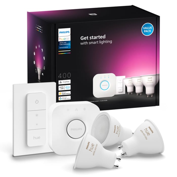 Philips Hue Startpaket: 3x White & Color GU10 + Dimmer + Bridge