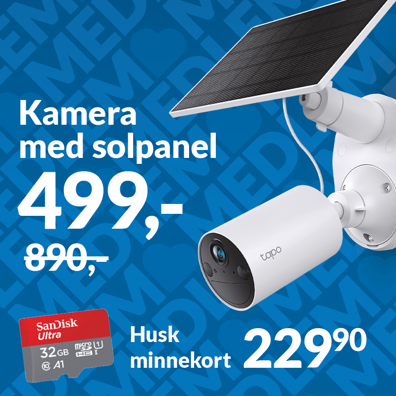 Hvit Tapo-overvåkningskamera med solcellepanel på blå bakgrunn. Tekst: “Kamera med solpanel 499,- (890,-)”, “Husk minnekort 229,90”.