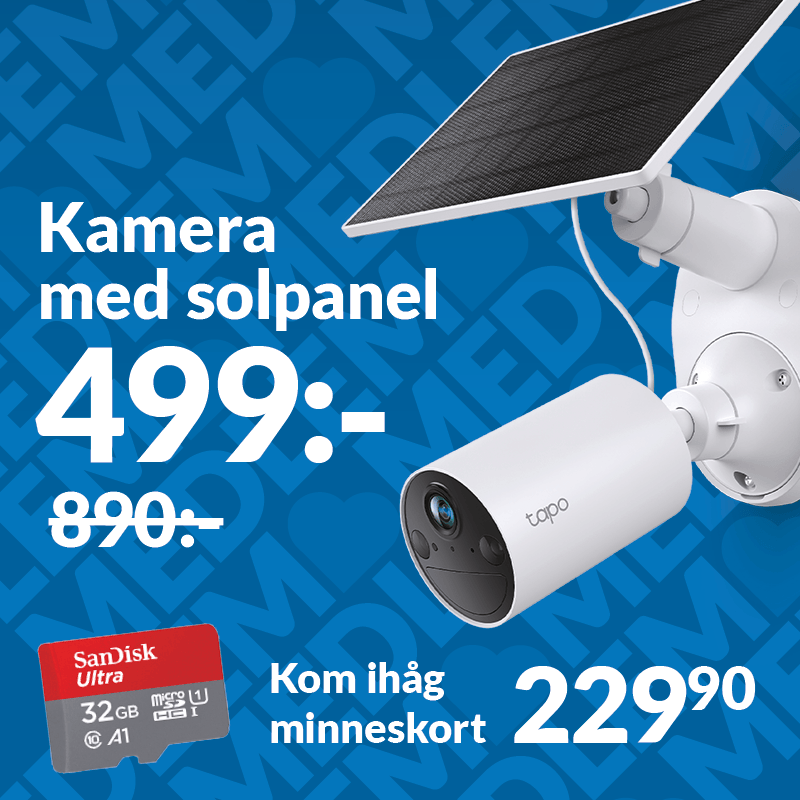 Vit Tapo-övervakningskamera med solpanel på blå bakgrund. Text: ”Kamera med solpanel 499:- (890:-)”, ”Kom ihåg minneskort 229,90”.