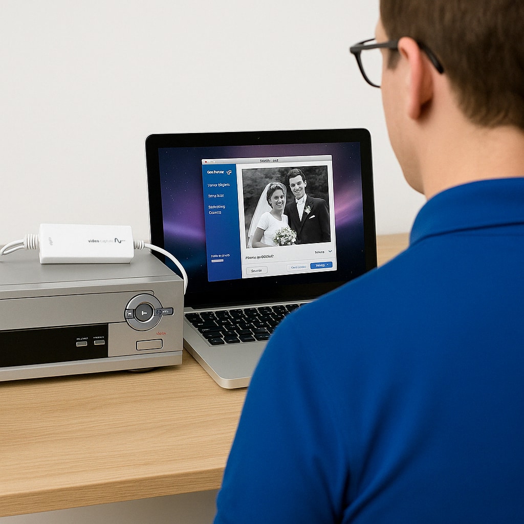 VHS tape being digitized to a computer