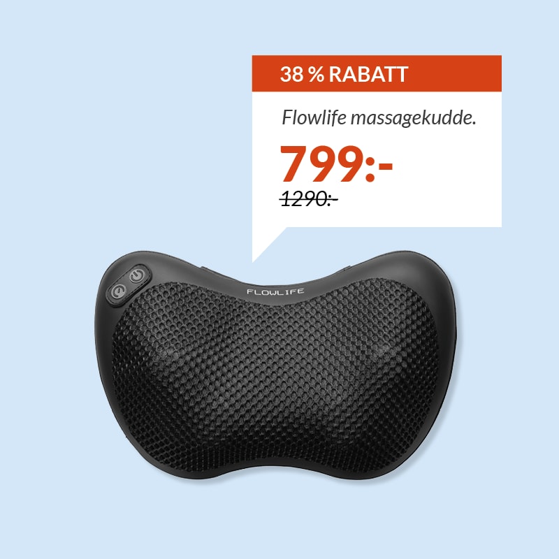 Svart massagekudde från Flowlife med strukturerad yta. Erbjudande: 38 % rabatt, nu 799 kr (ord. pris 1290 kr).