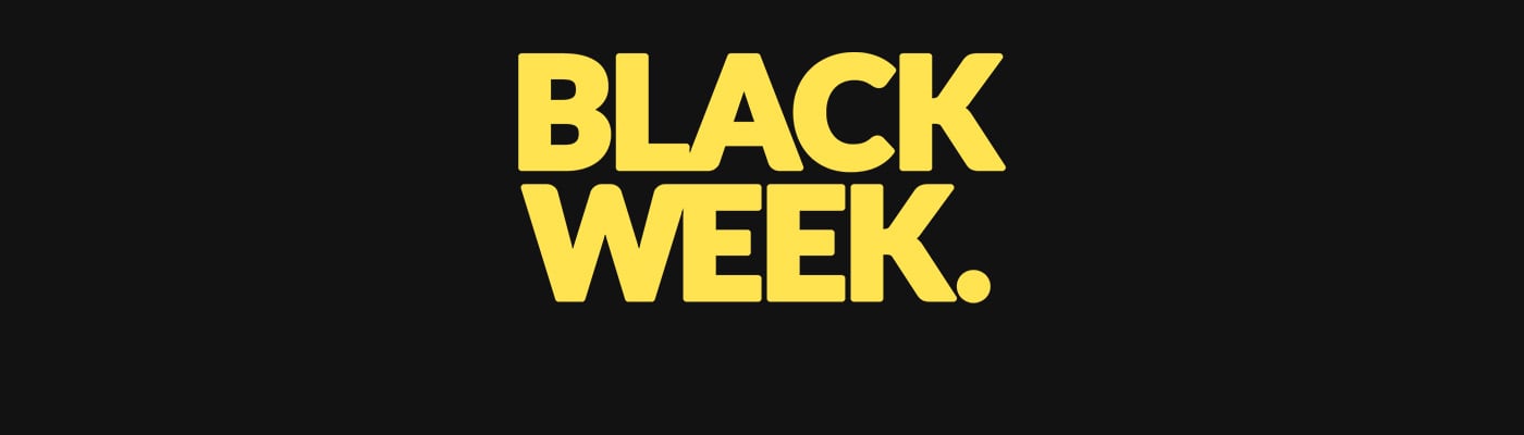Gul text på svart bakgrund med orden "BLACK WEEK." i fet stil, för att marknadsföra kampanjvecka.