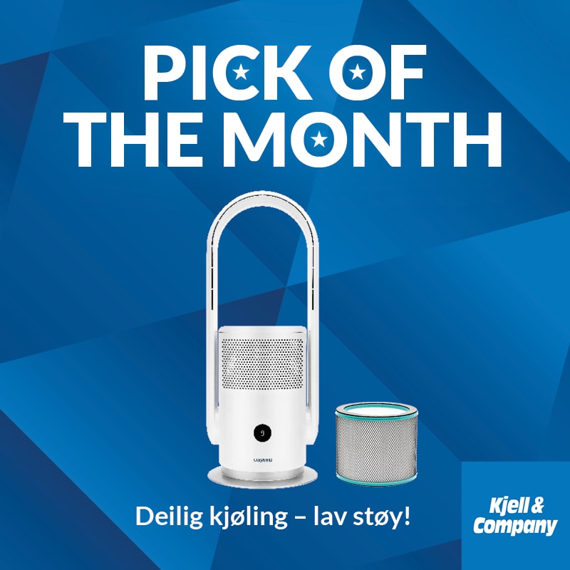 Hvit bladløs vifte med sylinderfilter foran blå bakgrunn. Tekst: “PICK OF THE MONTH” og “Deilig kjøling – lav støy!”.