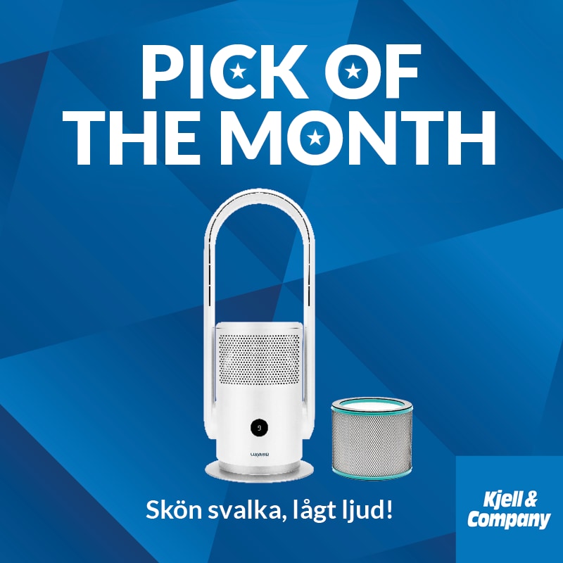 Vit bladlös fläkt med cylinderfilter framför blå bakgrund. Text: ”PICK OF THE MONTH” och ”Skön svalka, lågt ljud!