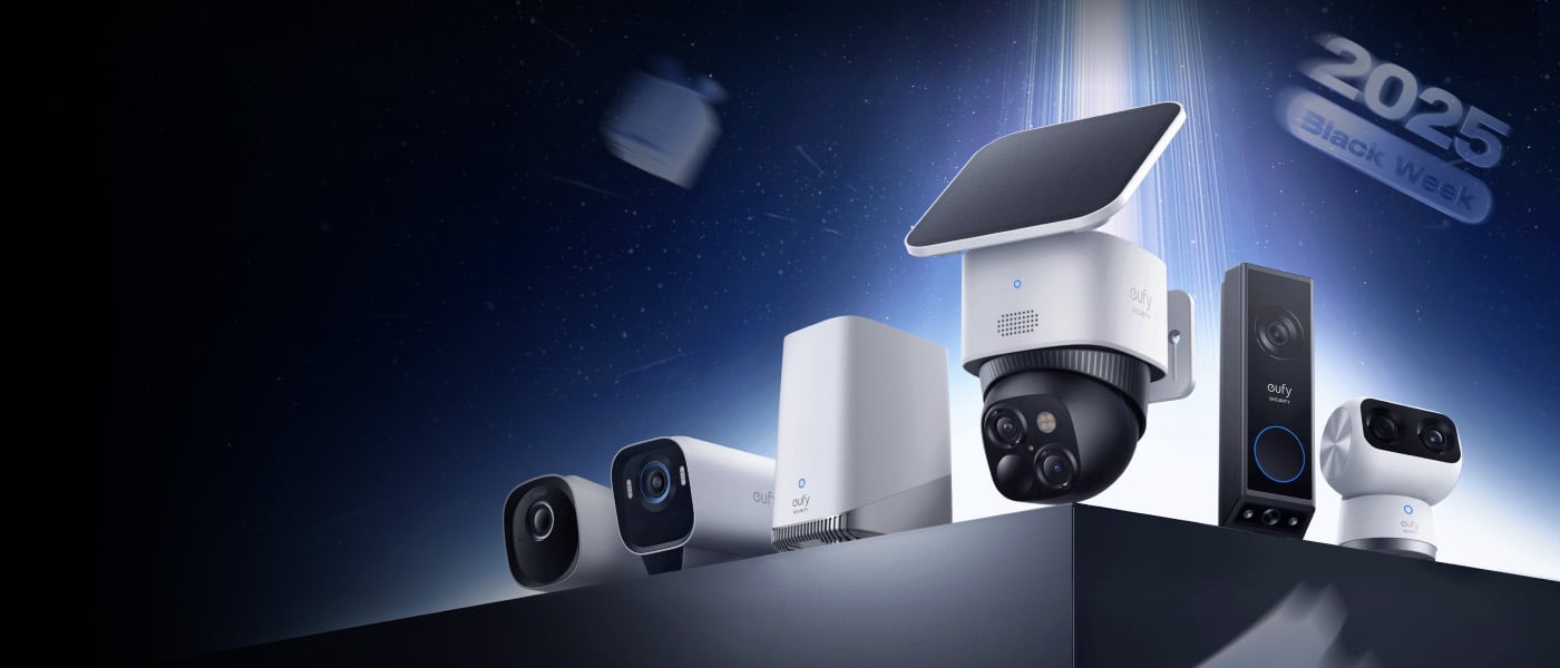 Eufy säkerhetsprodukter med texten "2025 Black Week" i blått på en mörk bakgrund.