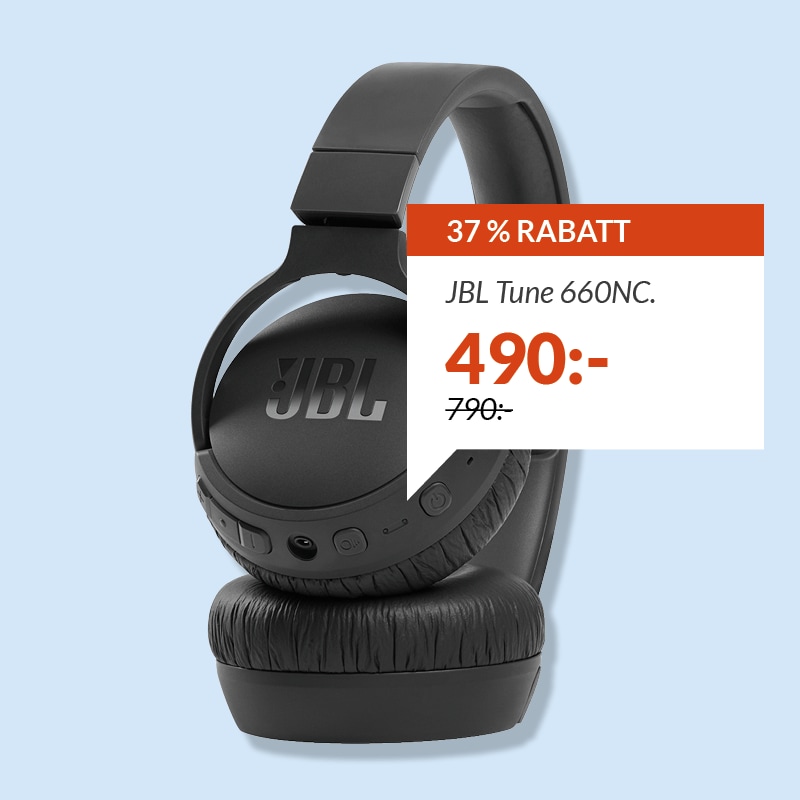 Svarta JBL Tune 660NC-hörlurar med text: "37 % rabatt, JBL Tune 660NC, 490 kr, 790 kr " mot ljusblå bakgrund.