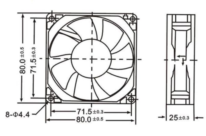 Axialfläkt 12 V 80x80x25 mm