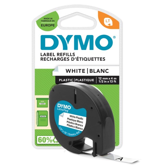 Dymo Letratag Märktejp av plast 12 mm Vit