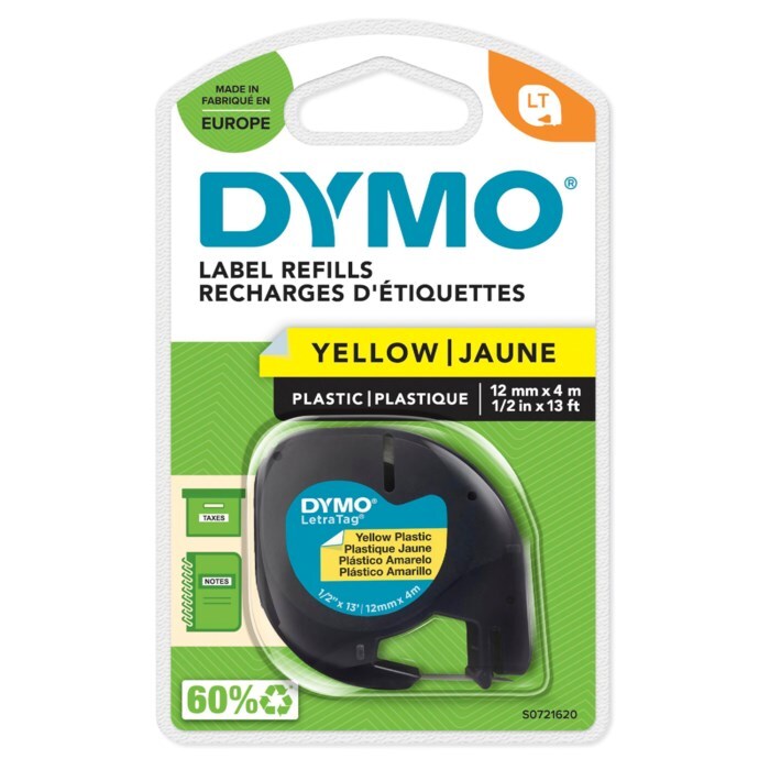 Dymo Letratag Märktejp av plast 12 mm Gul