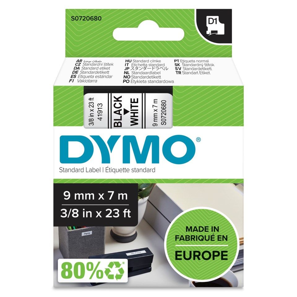 Dymo D1-merketape 9 mm Hvit