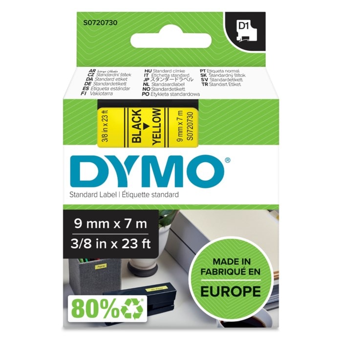 Dymo D1-märktejp 9 mm Gul