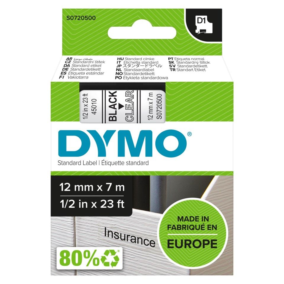 Dymo D1-merketape 12 mm Klar