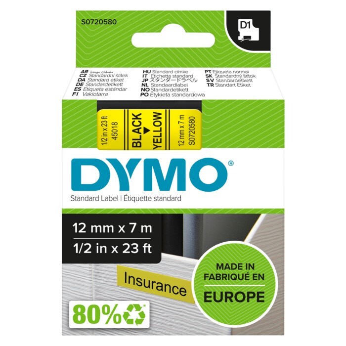 Dymo D1-märktejp 12 mm Gul