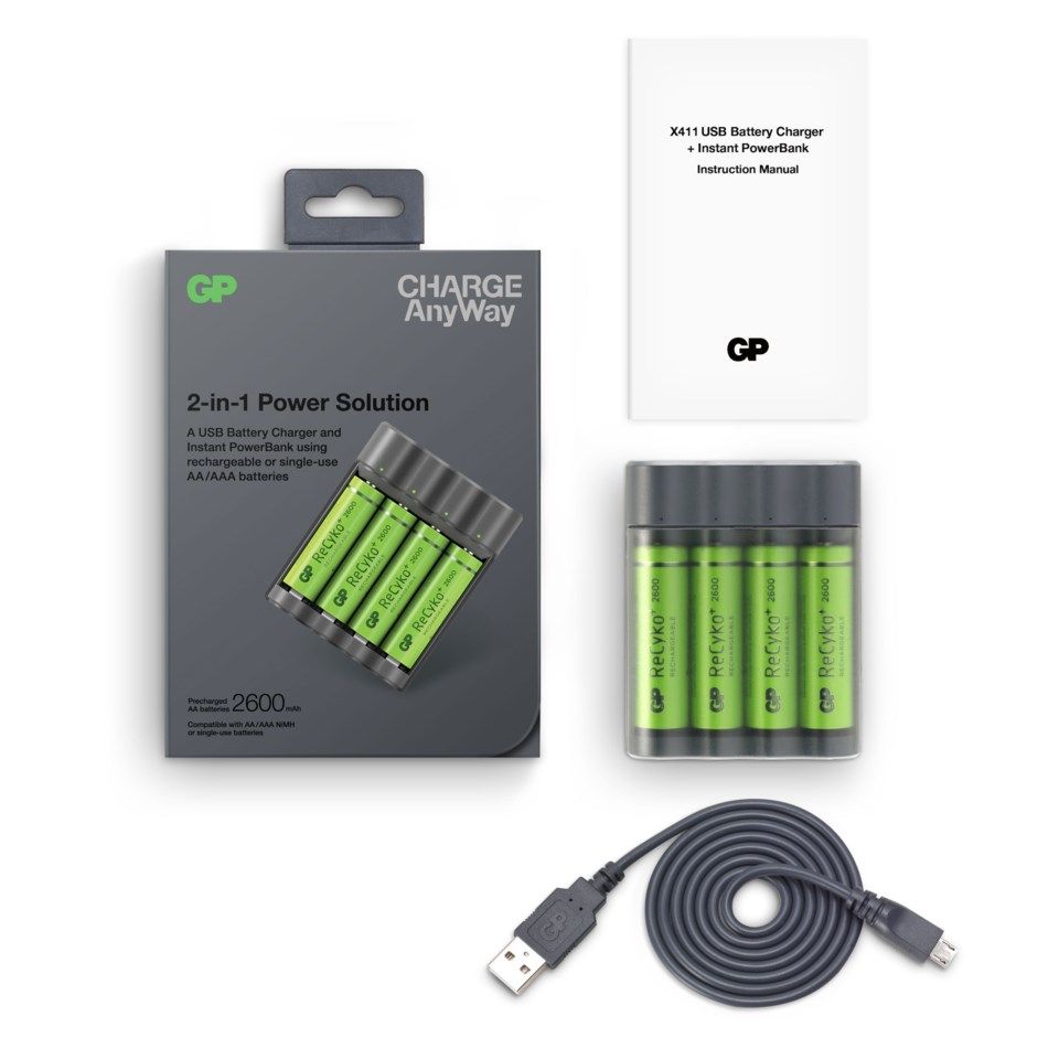 GP ChargeAnyway USB-batterilader med powerbankfunksjon