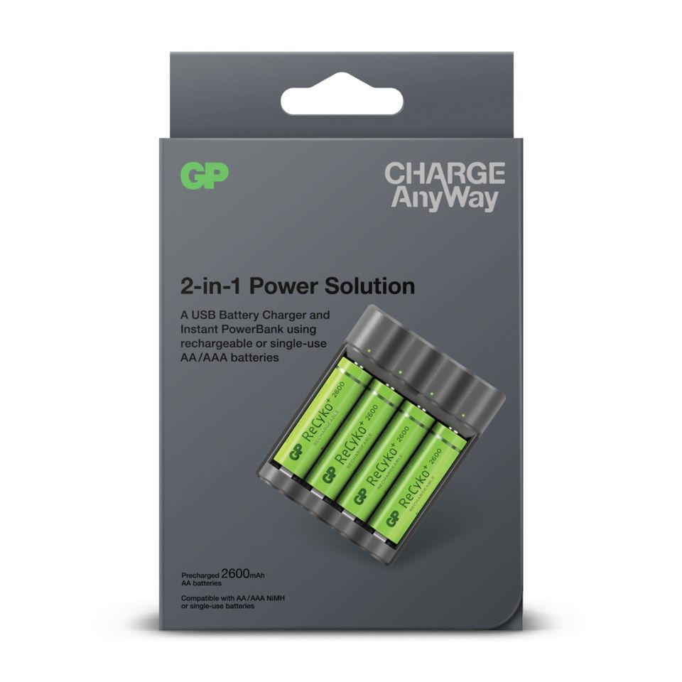 GP ChargeAnyway USB-Batteriladdare med powerbank-funktion