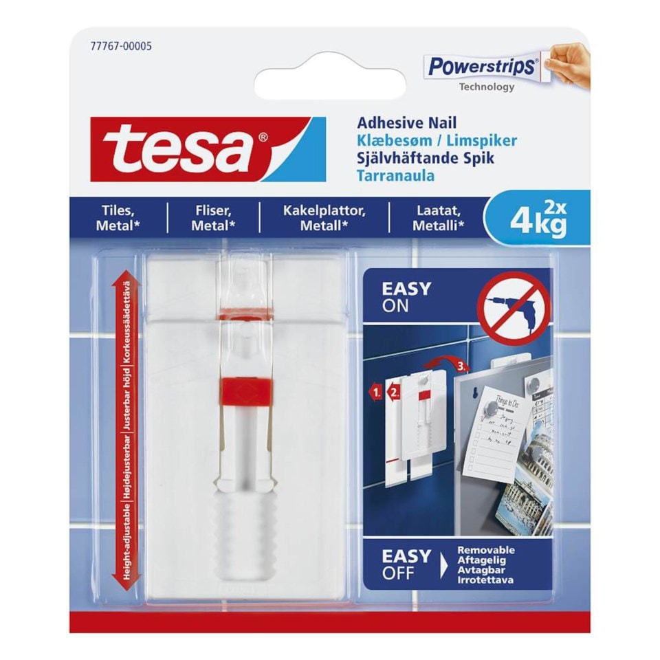 Tesa Justerbar limspiker for kakkel og metall 4 kg 2-pk.