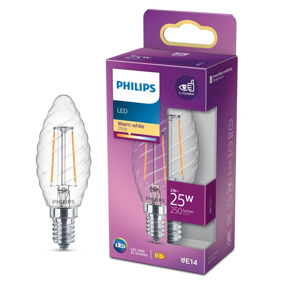Philips LED-pære Mignon vridd LED E14 250 lm