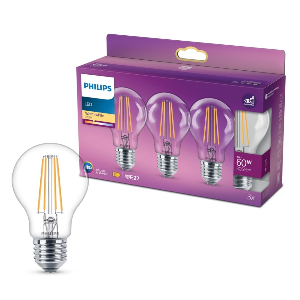 Philips LED-globepære E27 806 lm 3-pk.