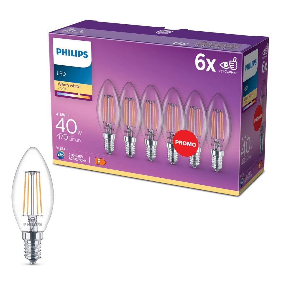 Philips LED-pære Mignon LED E14 470 lm 6-pk.