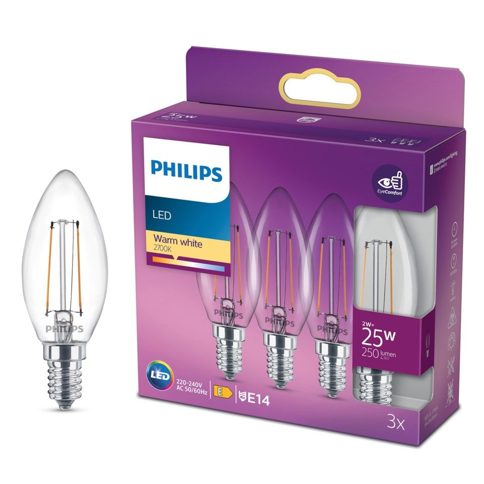 Philips LED-pære Mignon LED E14 250 lm 3-pk.