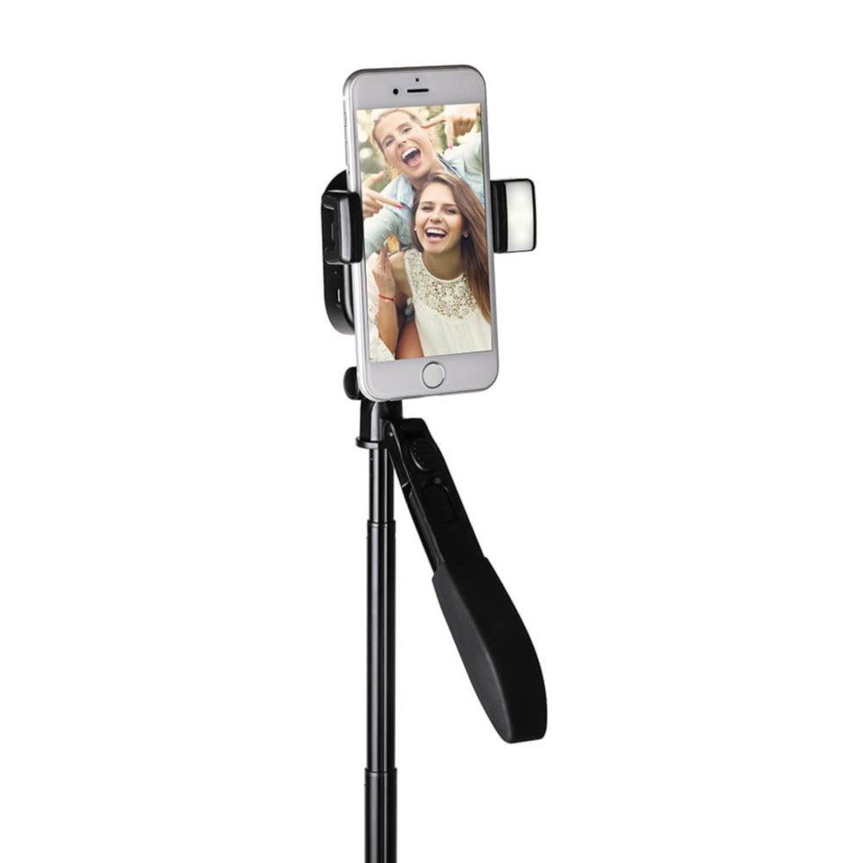 Stativ och selfie-stick med avtryckare till mobilen