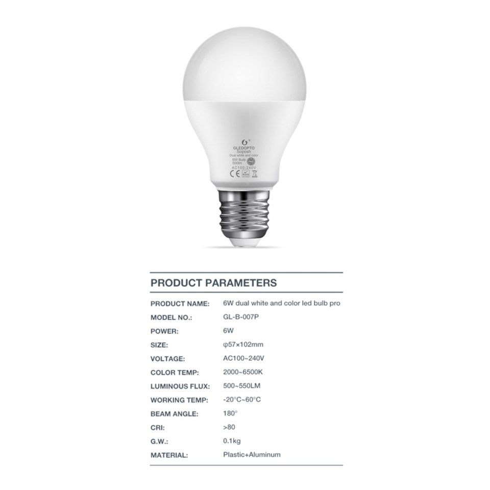 Gledopto Smart E27 LED-pære RGB+CCT 550 lm