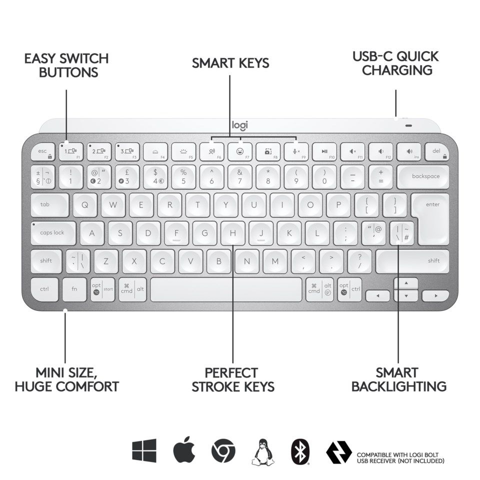 Logitech MX Keys Mini Trådløst tastatur Lysgrå