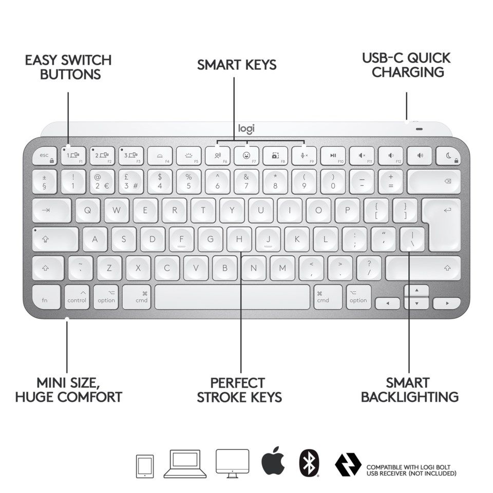 Logitech MX Keys Mini for Mac Trådløst tastatur - Lysegrå