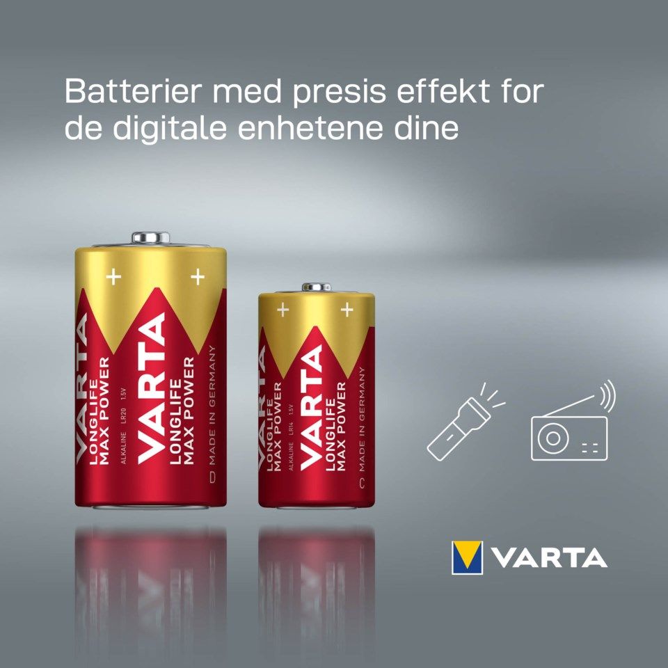 Varta Longlife Max Power D-batterier 2-pk.