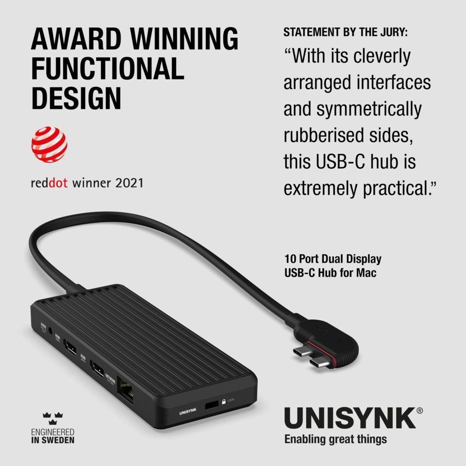 Unisynk USB-C-Hubb 10 porter for to skjermer Mac