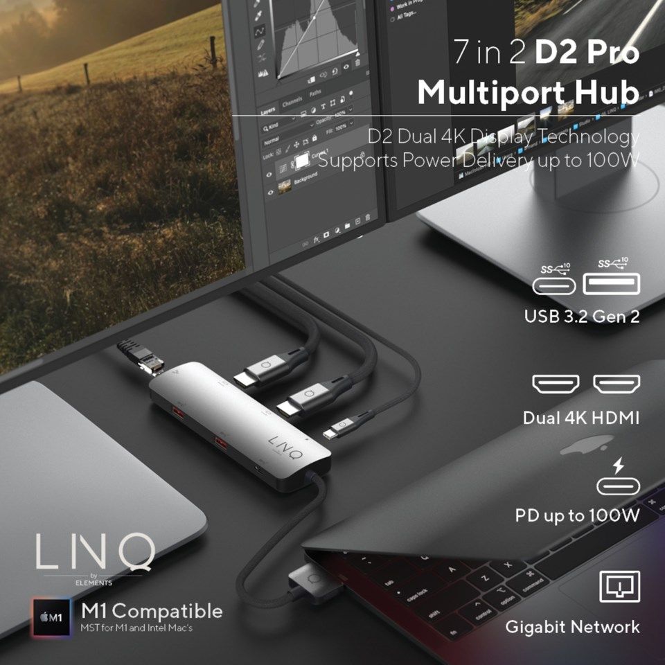 Linq 7in2 Dual Multiadapter för USB-C 7 anslutningar