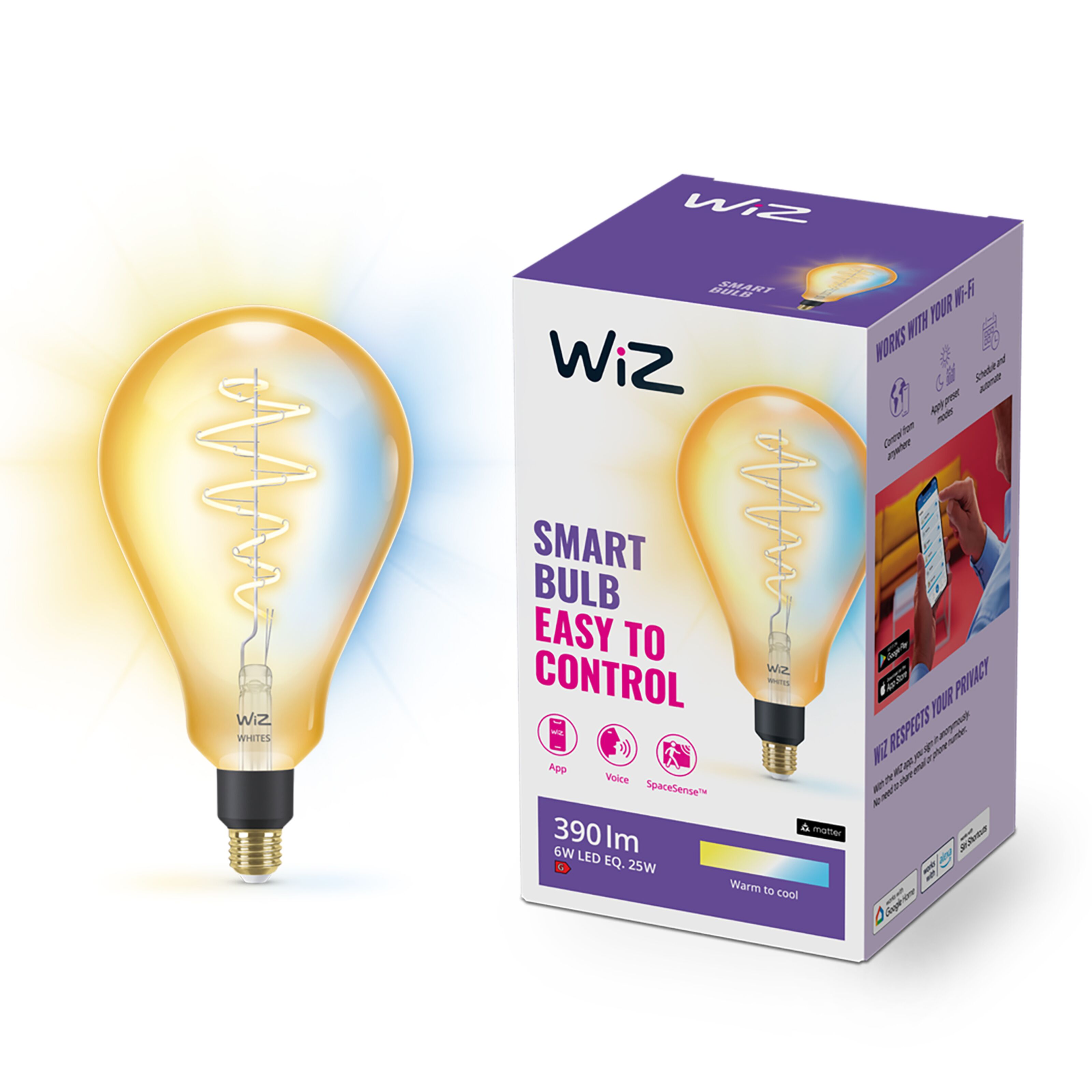WiZ Amber Filament PS160 Smart LED-lampa E27 390 lm