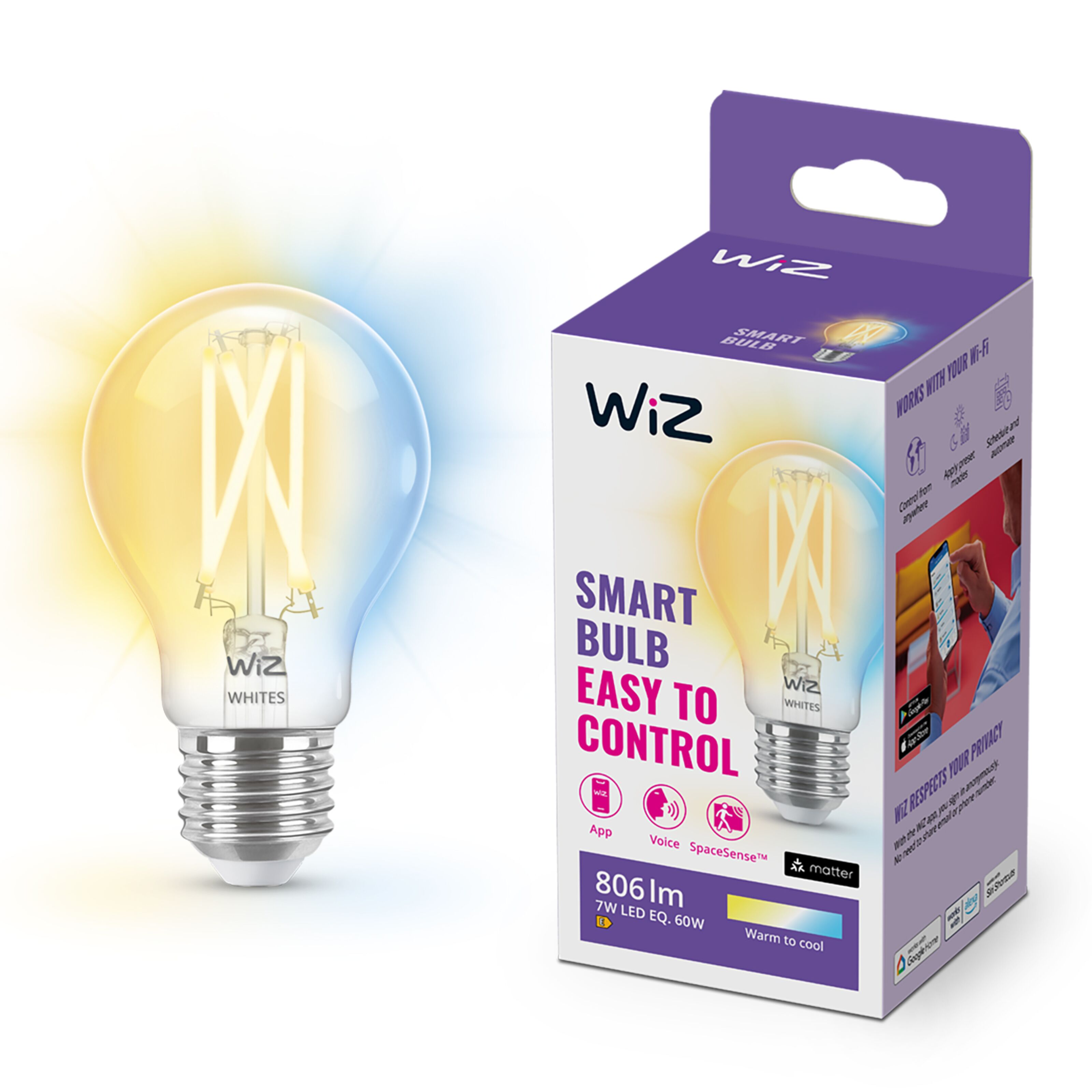 4lite WiZ Connected A60 Filament Clear WiFi LED Smart Bulb - Pack of 4