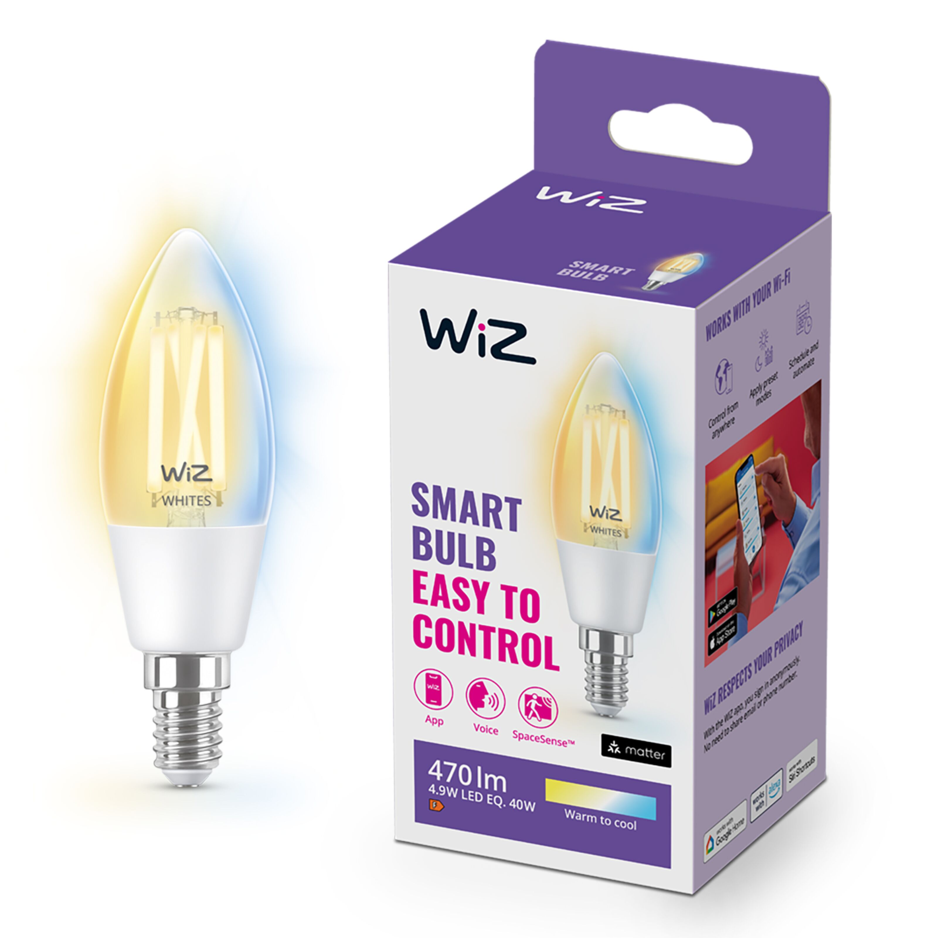 WiZ Clear Filament C35 Smart LED-pære E14 470 lm