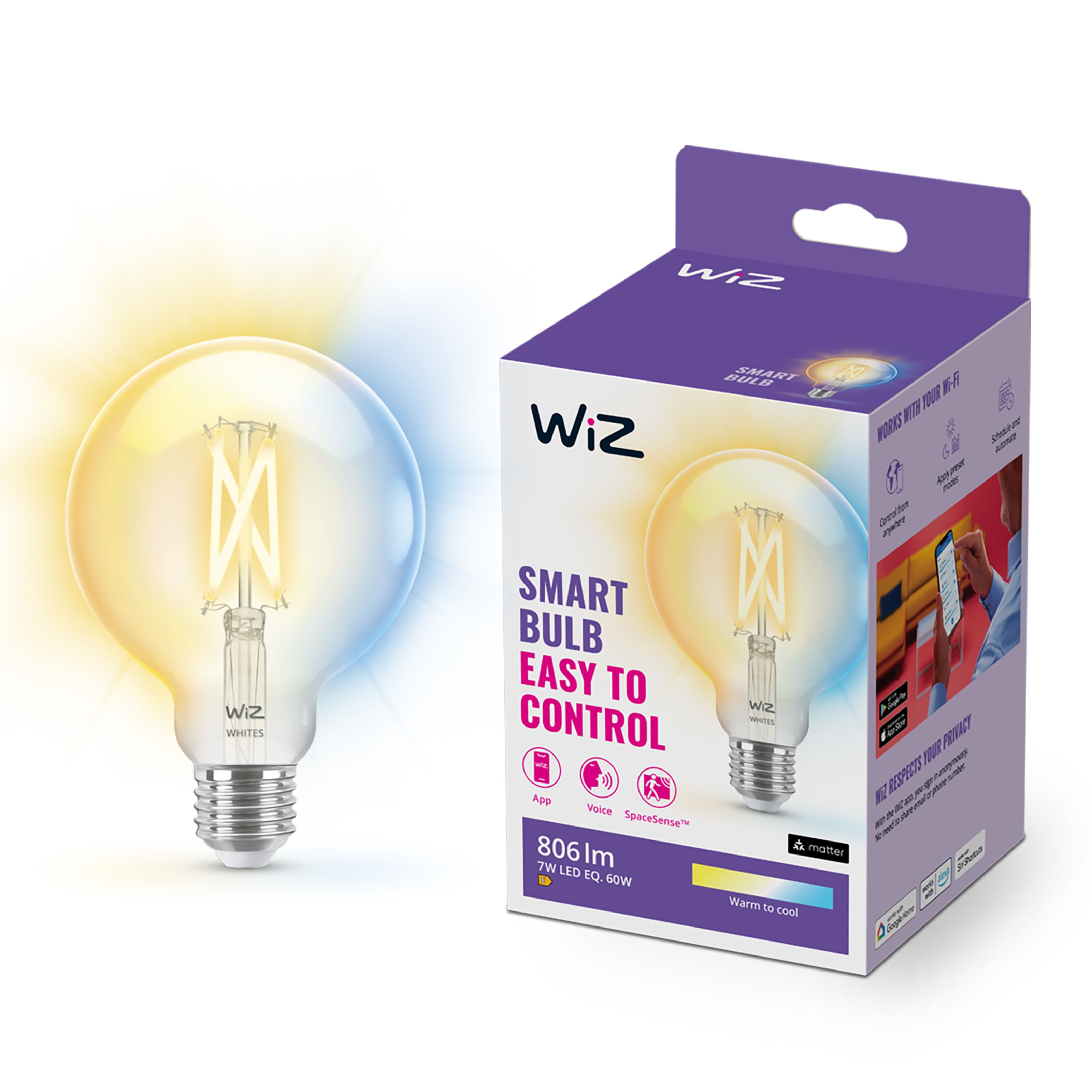 WiZ Clear Filament G95 Smart LED-pære E27 806 lm