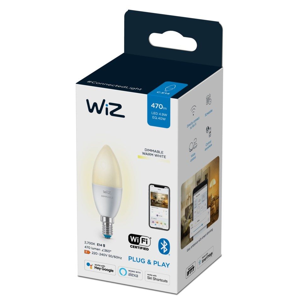 WiZ Varmvit C37 Smart LED-lampa E14 470 lm