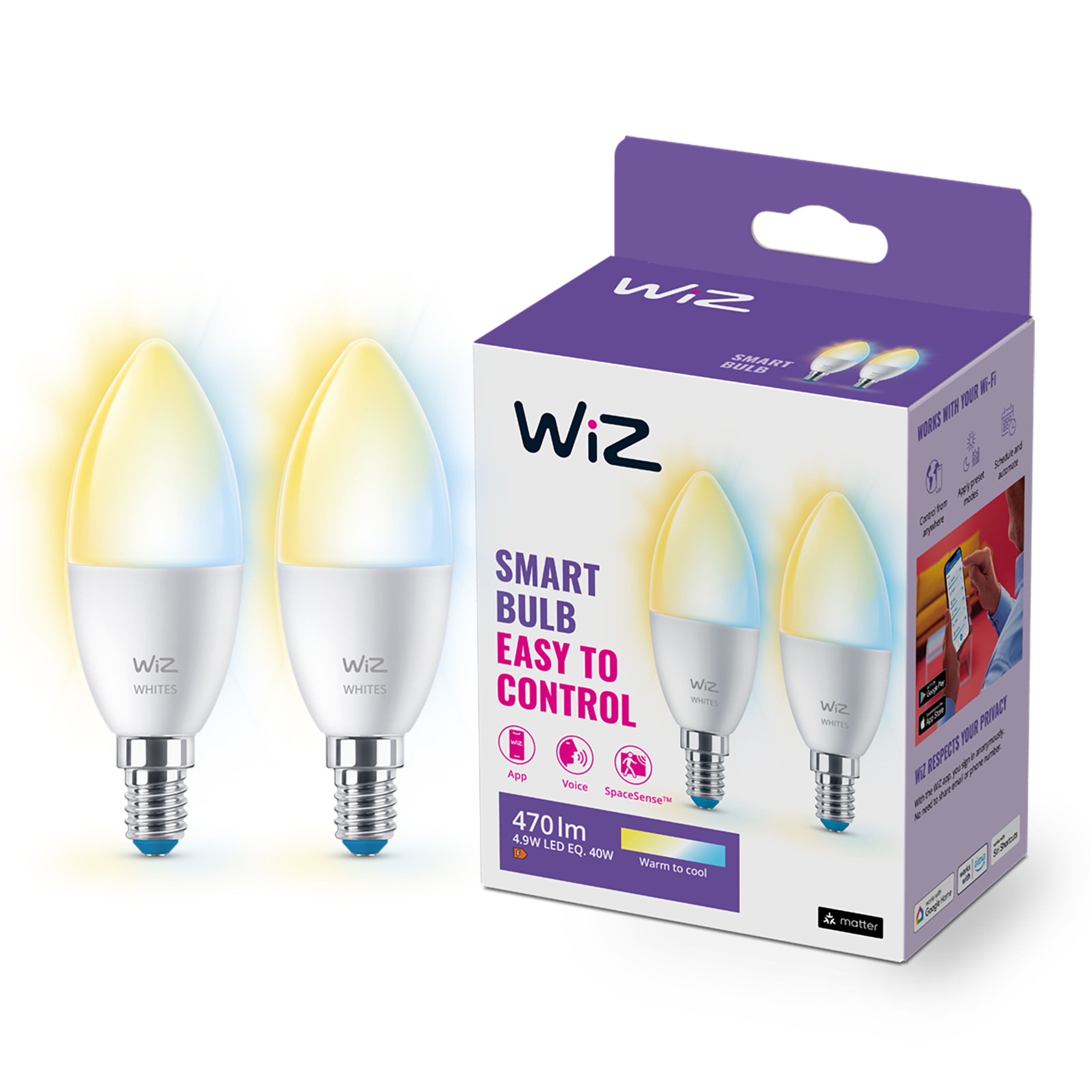 WiZ C37 Smart LED-pære E14 470 lm 2-pk.