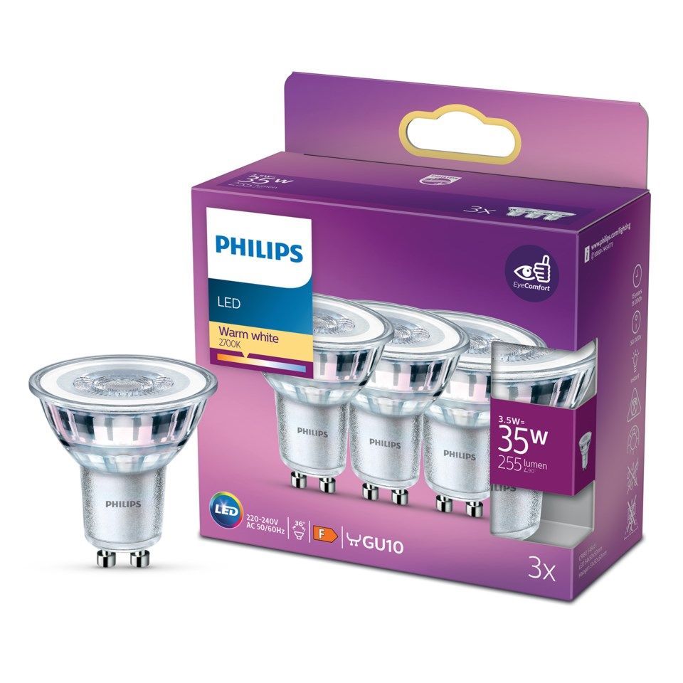 Philips LED-pære GU10 255 lm 3-pk.