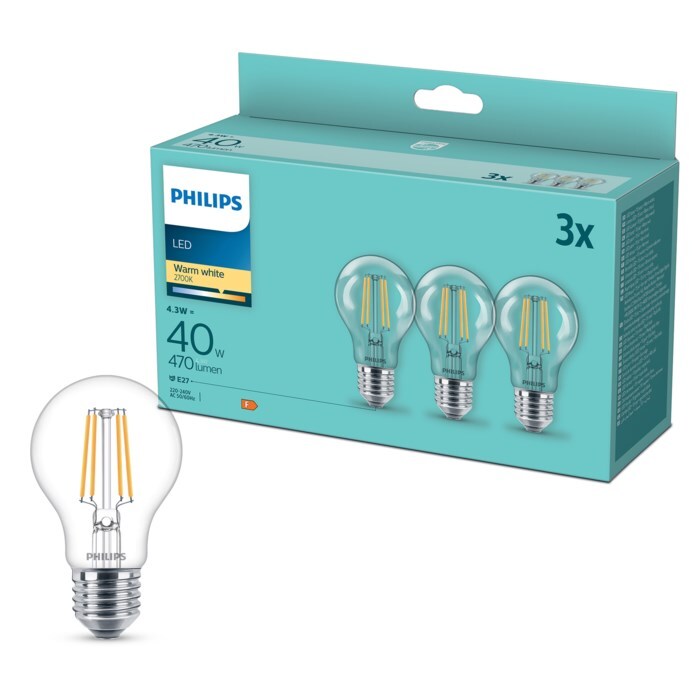 Bilde av LED-lyspære Classic Standard 4,3W/827 (40W) Clear 3-pack E27