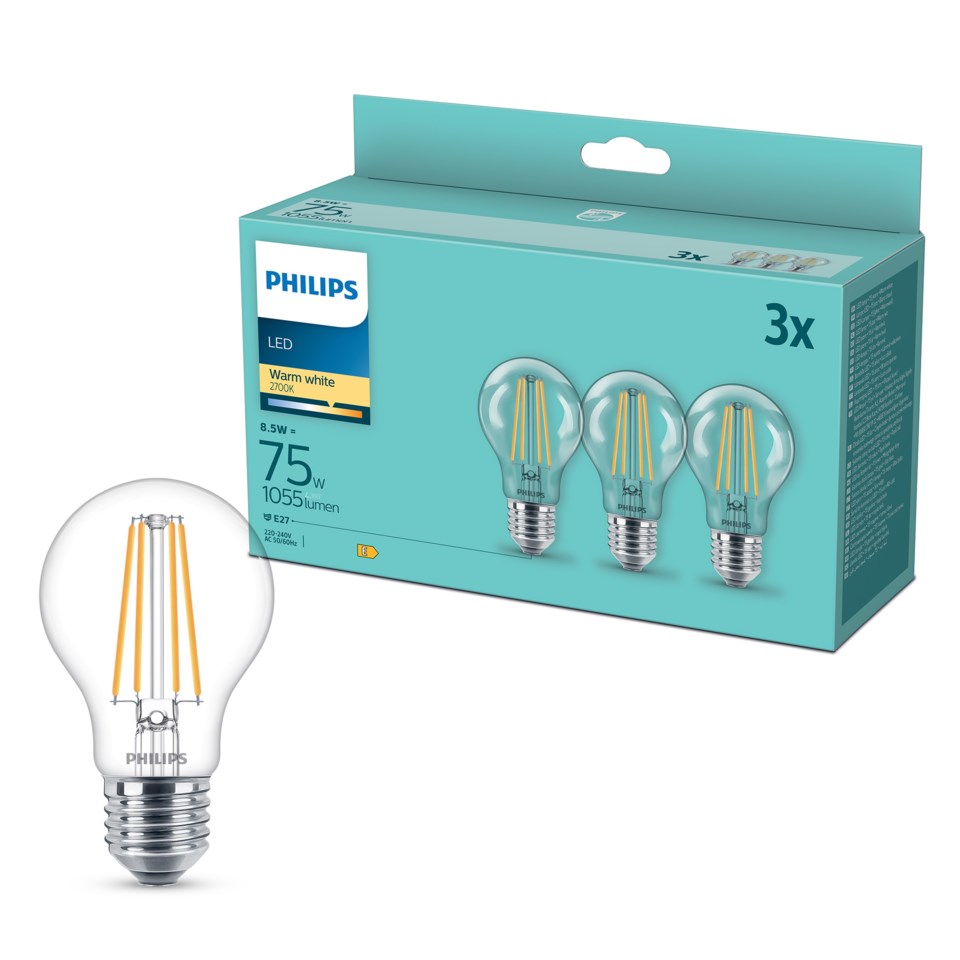 Philips LED-pære E27 1055 lm 3-pk.