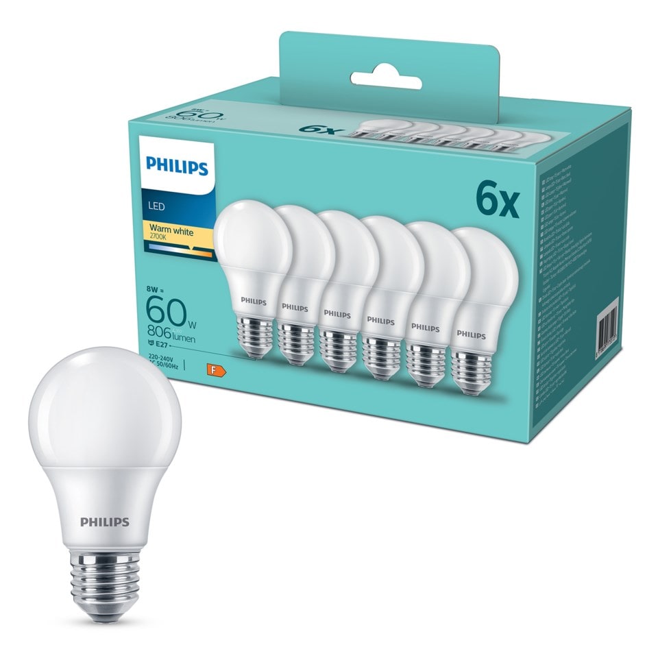 Philips LED-pære E27 806 lm 6-pk.